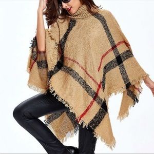 Beige Striped Turtle Neck Poncho